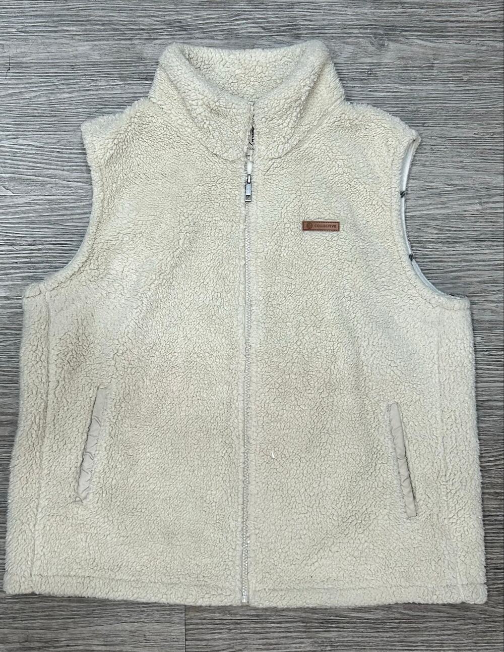 Sage Collective Sherpa Fleece Vest Womens XL Full Zip Ivory Cream Plaid Lined⁠
